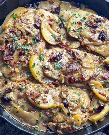 Creamy Cider Chicken with Apples Cranberries and Bacon