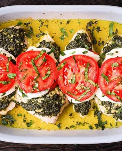 Basil Pesto Tomato Mozzarella Chicken Bake