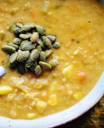 Spicy Southwestern Vegan Corn Chowder with Quinoa, Potatoes + Red Lentils