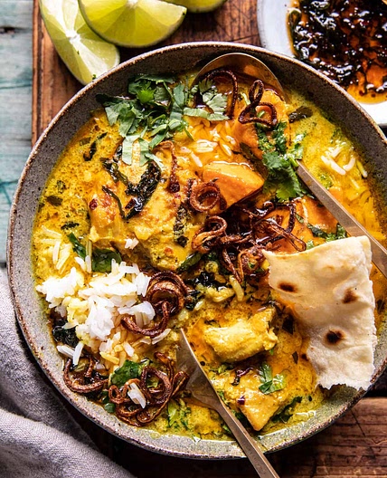 Crockpot Coconut Chicken Curry with Crispy Shallot Basil Oil