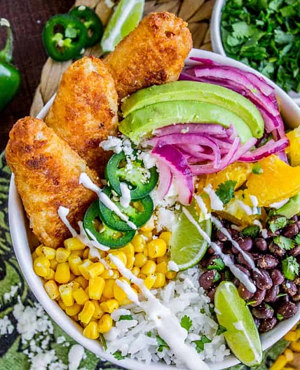 Beer-Battered-Fish Burrito Bowl with Orange Avocado Salsa