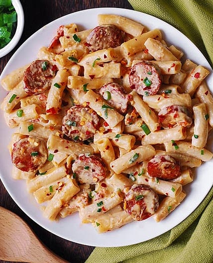 Creamy Mozzarella Pasta with Smoked Sausage