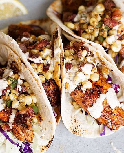 Southern Blackened Catfish Tacos with Fried Corn & Old Bay Aioli