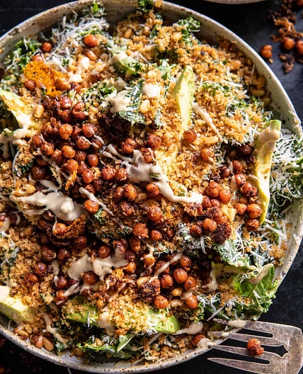 Parmesan Tahini Kale Salad with Breadcrumbs and Crunchy Chickpeas