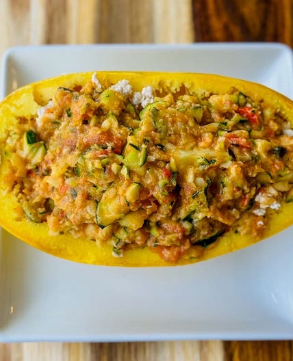 Loaded Turkey Spaghetti Squash with Roasted Veggie Sauce
