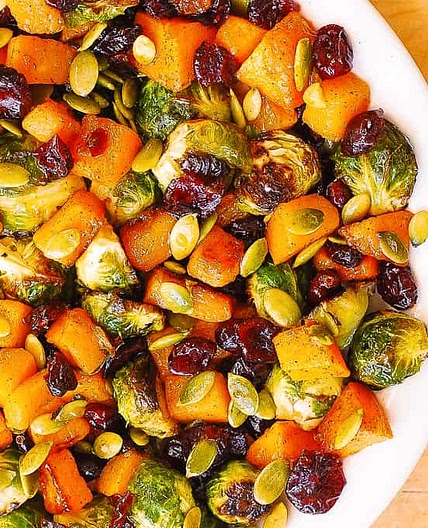 Roasted Brussels Sprouts Salad with Maple Butternut Squash, Pumpkin Seeds, and Cranberries