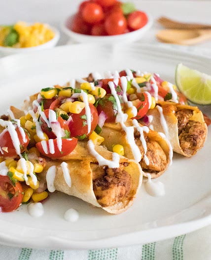 Cheesy Chicken Taquitos with Pico de Gallo Corn Salad & Yogurt Crema