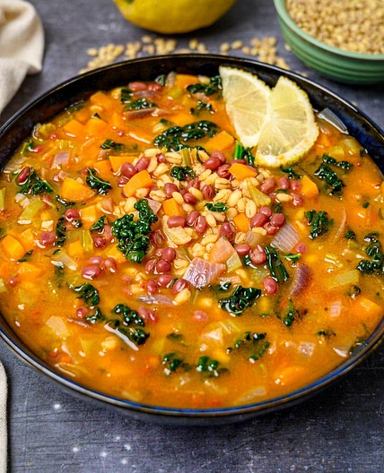 Adzuki Beans Soup with Pearl Barley and Kale