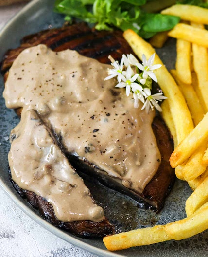 Grilled Portobello Mushrooms with Brandy & Peppercorn Sauce