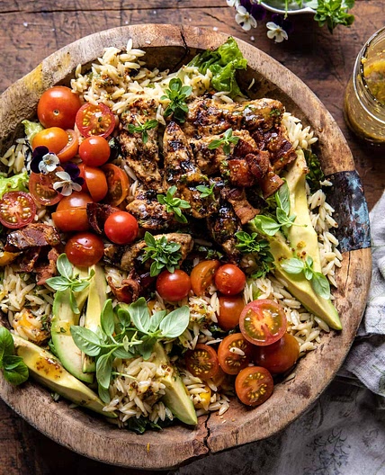 Grilled Lemon Herb Chicken Avocado Orzo Salad with Honey Mustard Bacon Dressing