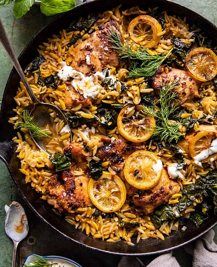One Skillet Lemon Butter Dijon Chicken and Orzo with Feta Sauce