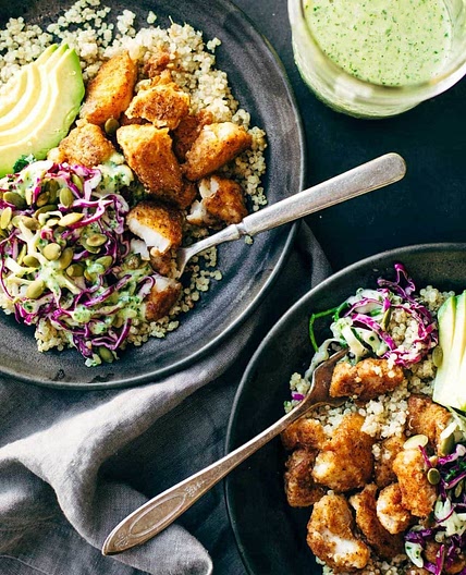 Spicy Fish Taco Bowls with Cilantro Lime Slaw