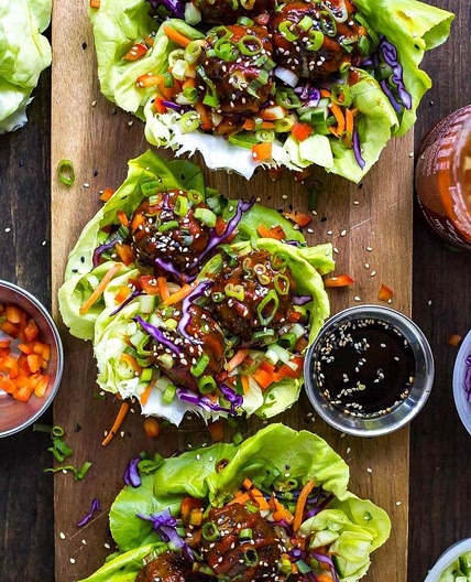 Sticky Sriracha Meatball Lettuce Wraps