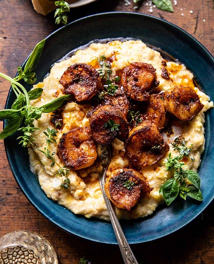 Spicy Garlic Lemon Butter Shrimp with Parmesan Corn Polenta