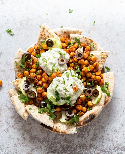 Vegan Mediterranean Nachos with Shawarma Chickpeas, Tzatziki, Pita Bread