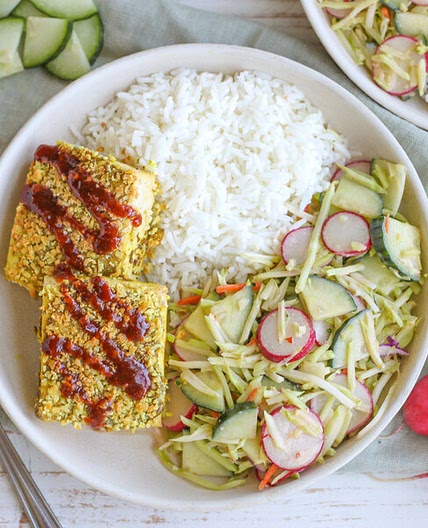 Japanese-Style Breaded Tofu (Katsu) with Sesame Veggie Slaw & Rice
