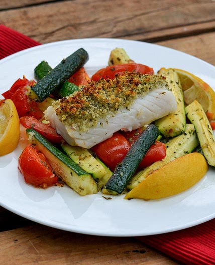 Baked Cod Fillet with Bread Crumb Topping, Zucchini & Tomatoes