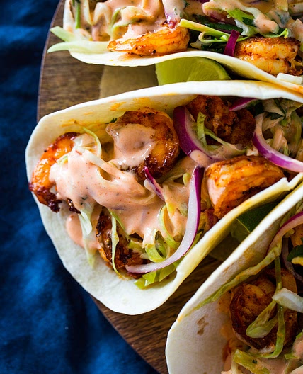 Spicy Shrimp Tacos with Cilantro Slaw and Sriracha Sauce