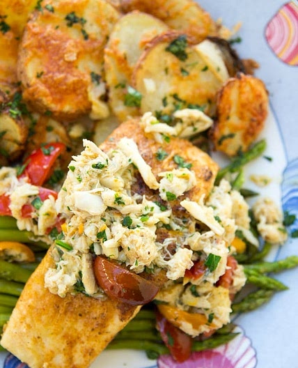 Pan Seared Halibut with a Garlic Crab Topping