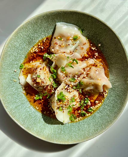 Spam Dumplings in Chili Oil Sauce