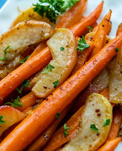 Maple Dijon Glazed Roasted Carrots and Apples