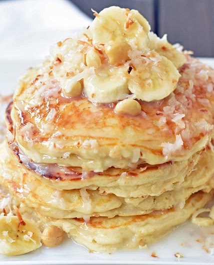 Toasted Coconut Macadamia Pancakes with Coconut Syrup