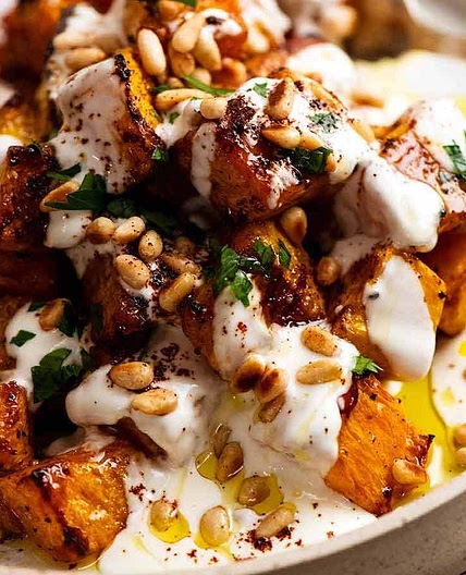 Roasted Pumpkin with Lemon Yogurt Sauce and Pine Nuts