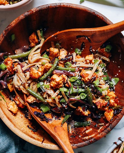Vegan Ginger Sesame Noodles with Crispy Tofu