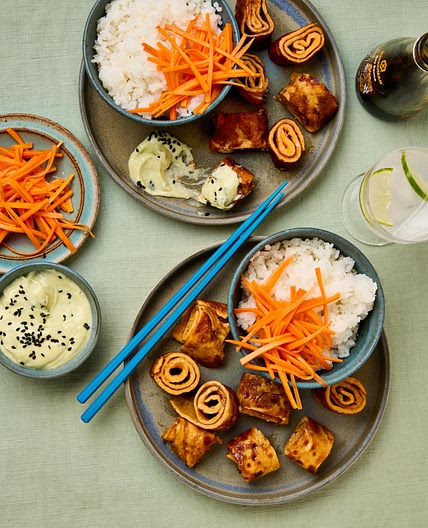 Omelette rolls with rice, carrot pickles and wasabi mayonnaise