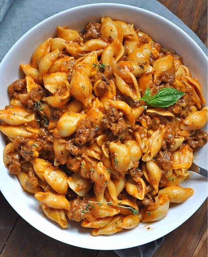 Vegan Creamy "Beef" and Shells