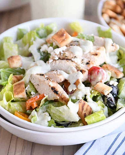 Chopped Greek Chicken Salad with Pita Croutons and Tzatziki Dressing