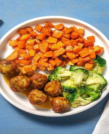 Savoury Pork Meatballs in Dijon Gravy with Carrots and Sweet Potatoes