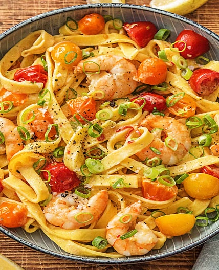Creamy Shrimp Tagliatelle with Heirloom Tomatoes, Garlic, and Chili