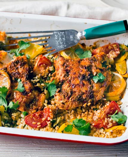 Harissa baked fish with bulgur wheat