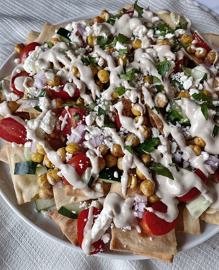 Easy Greek Nachos with Crispy Chickpeas and Lemon Tahini Sauce