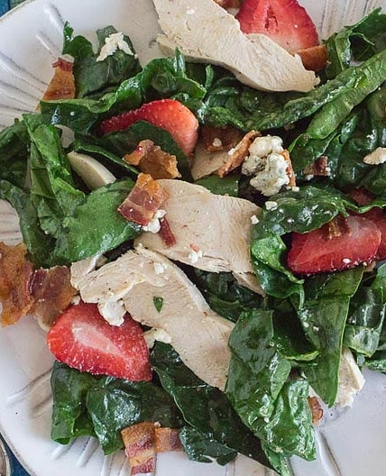 Spinach Salad with Hot Bacon Dressing, Chicken, Blue Cheese & Strawberries