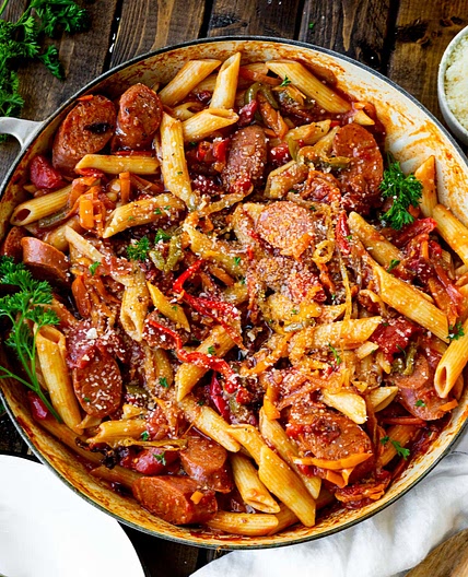Skillet Italian Sausage and Peppers with Whole-Wheat Penne