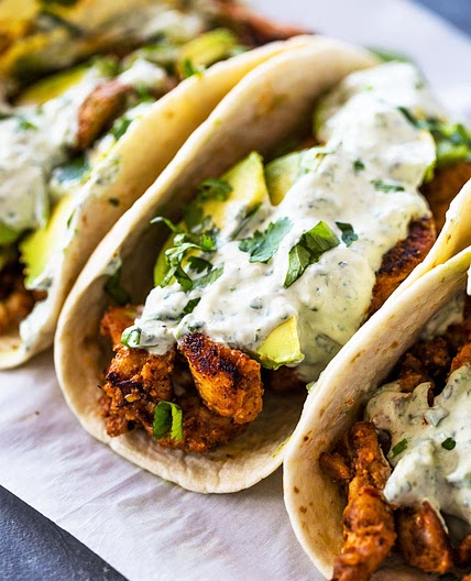 Spicy Chicken and Avocado tacos with Creamy Cilantro Lime Sauce