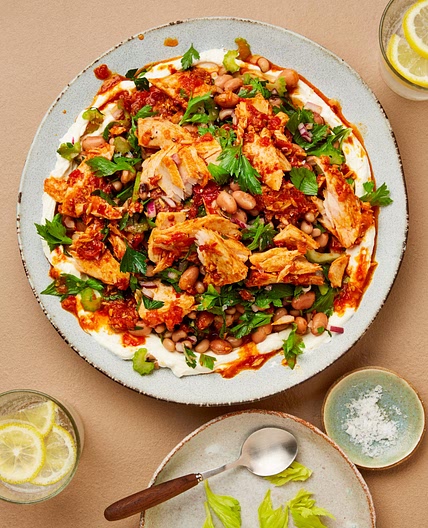 Ricotta, marinated beans and harissa tuna