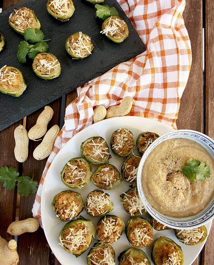 Stuffed Brussels Sprouts with Creamy Peanut Miso Dip