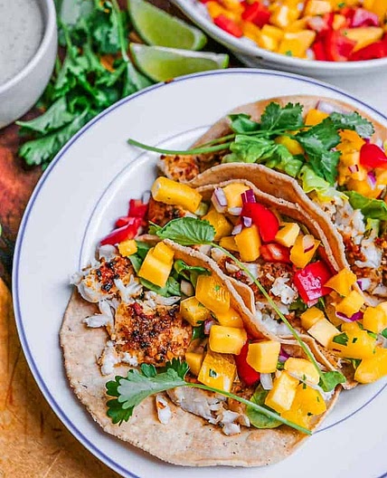 Baked Fish Tacos with Mango Salsa & Creamy White Lightning Sauce