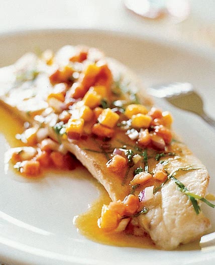 Poached Red Snapper with Papaya and Mango Sauce Vierge