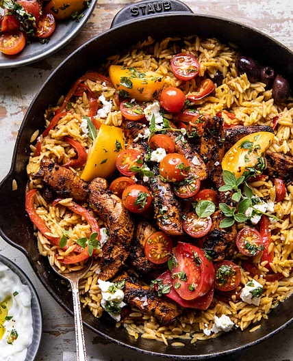 One Skillet Greek Chicken and Orzo with Tomatoes, Feta, and Tzatziki