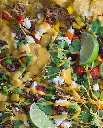 Shredded Pork Nachos with 3-Cheese Beer Queso