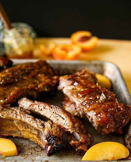 Slow cooked maple peach bourbon back ribs