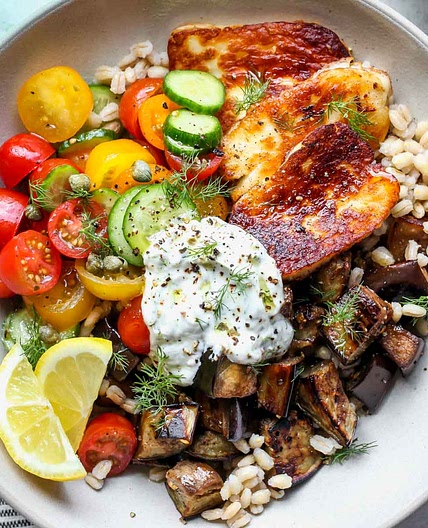 Mediterranean Eggplant and Halloumi Bowls with Lemon-Dill Sauce