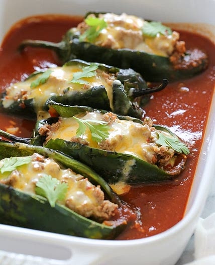 Turkey Enchilada Stuffed Poblanos Rellenos