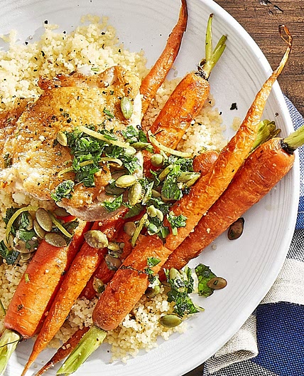Crispy Chicken with Roasted Carrots and Couscous