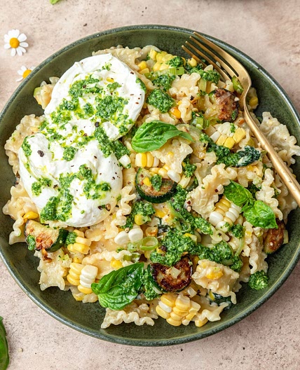 Creamy Summer Pasta with Fresh Corn, Zucchini, & Burrata