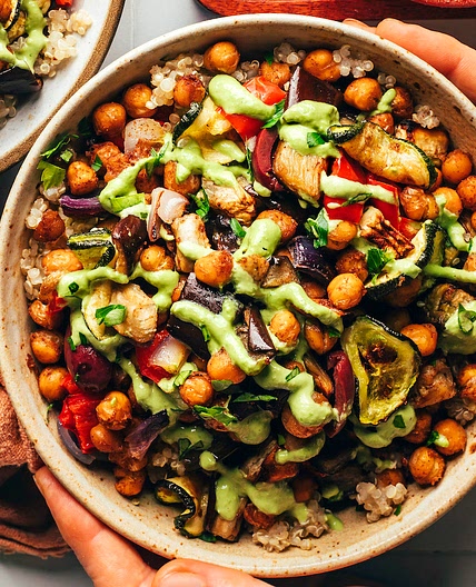 Roasted Chickpea & Veggie Bowls with Green Tahini Sauce